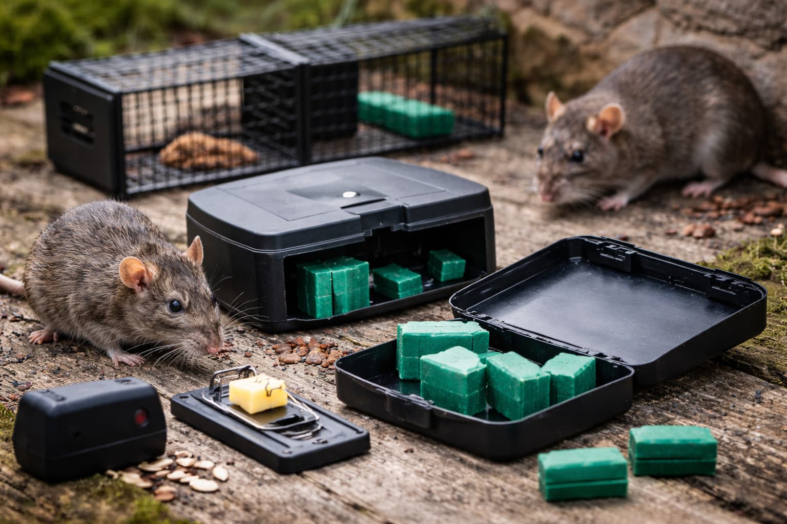Image illustrant la méthode de dératisation professionnelle en Vaucluse et Gard avec rats, pièges et postes d’appâtage sécurisés, sans présence humaine