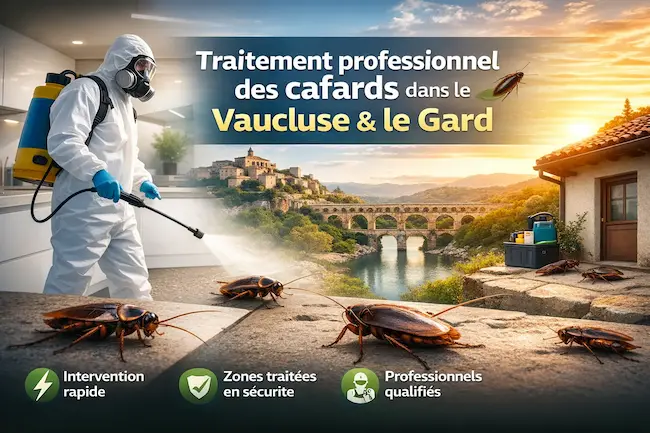 Technicien en désinsectisation réalisant un traitement professionnel contre les cafards dans le Vaucluse et le Gard